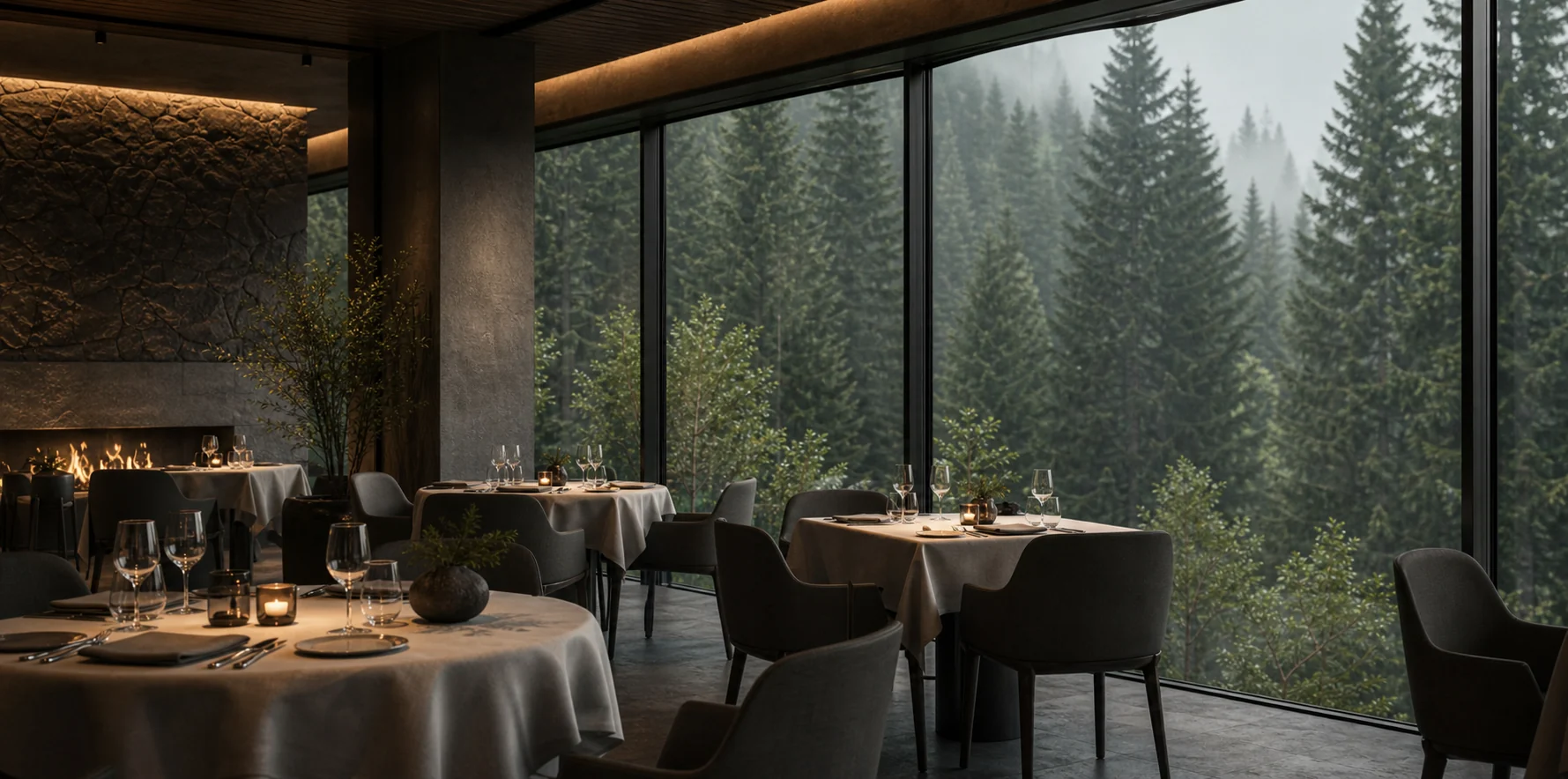 Sophisticated fine dining room with warm lighting and misty evergreen forest beyond the glass