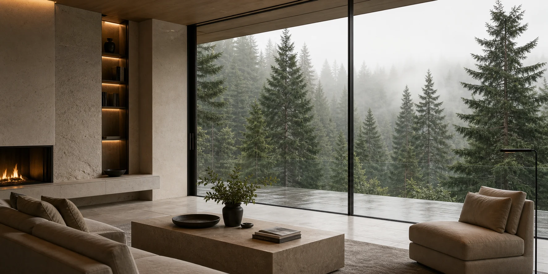 Quiet luxury resort lounge with floor-to-ceiling glass facing a misty evergreen forest