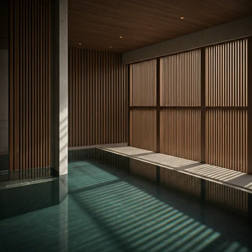 Quiet resort spa architecture with pale stone, water, and filtered natural light
