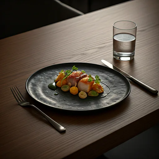 Minimalist fine dining dish on a dark ceramic plate
