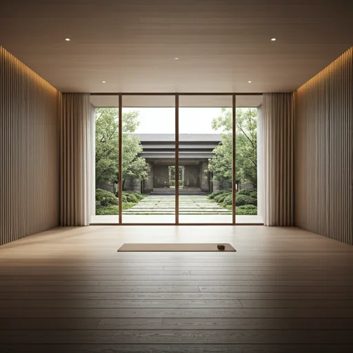 Quiet suite-facing wellness room with forest garden beyond the windows