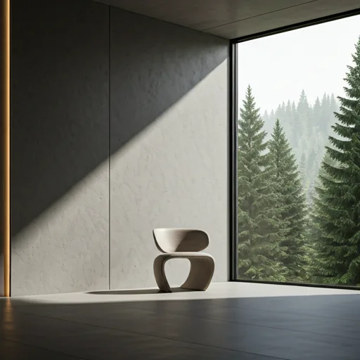 Minimalist luxury interior with sculptural chair and forest view