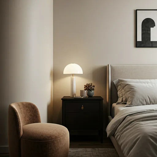 Boutique executive suite with warm textures and soft lighting