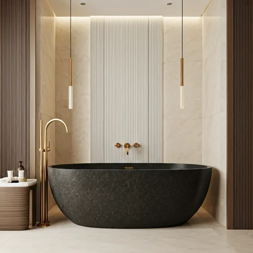 Modern ensuite bathroom with stone bathtub