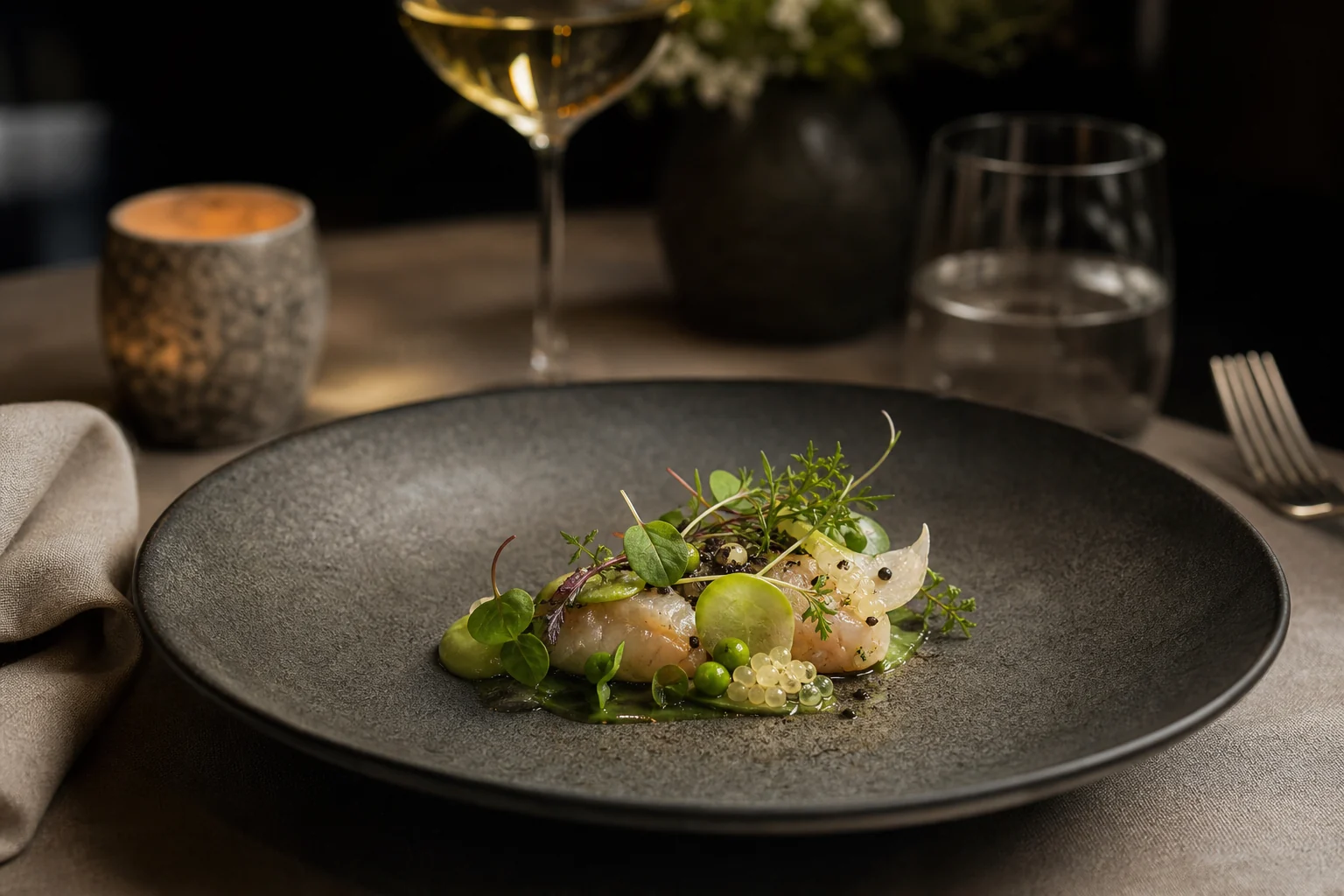 Elegant tasting-menu dish on stoneware with warm candlelit glassware