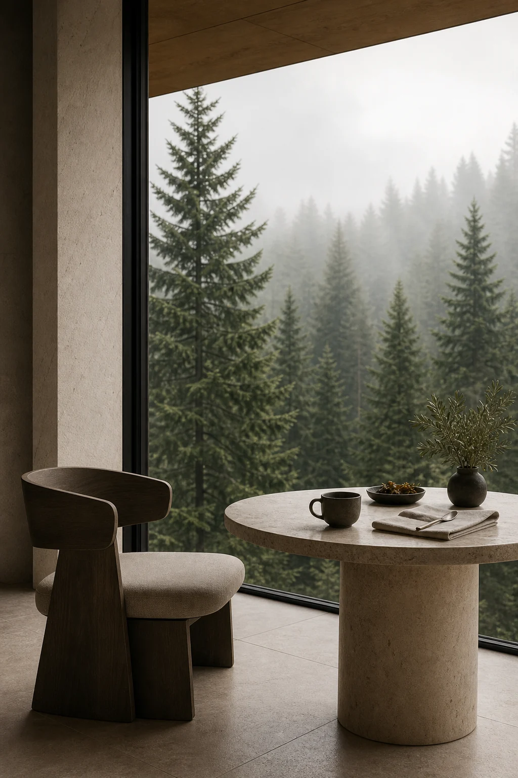 Quiet luxury lounge facing misty evergreen forest through floor-to-ceiling glass