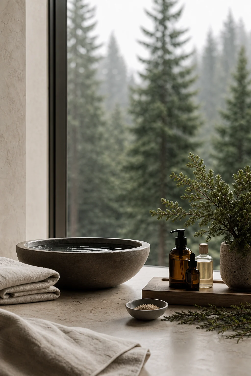 Luxury spa ritual arrangement with stone, linen, botanicals, and soft forest light