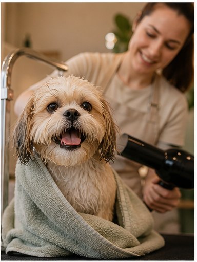 Happy small dog wrapped in a towel after PawSpa bath and blow dry service