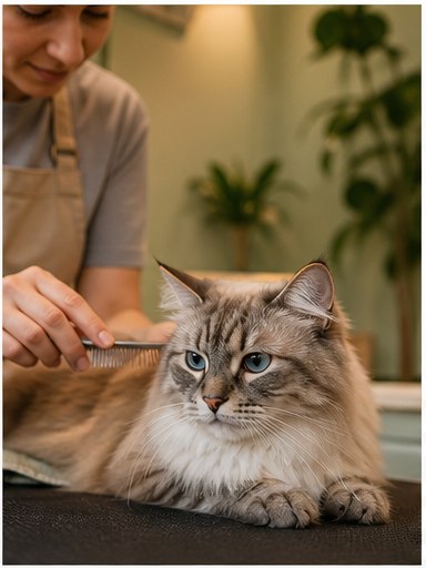 Relaxed long-haired cat receiving gentle PawSpa grooming care