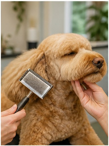 PawSpa stylist brushing a dog coat with safe grooming tools