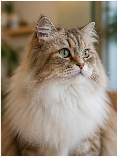 Well-groomed cat portrait in warm salon lighting