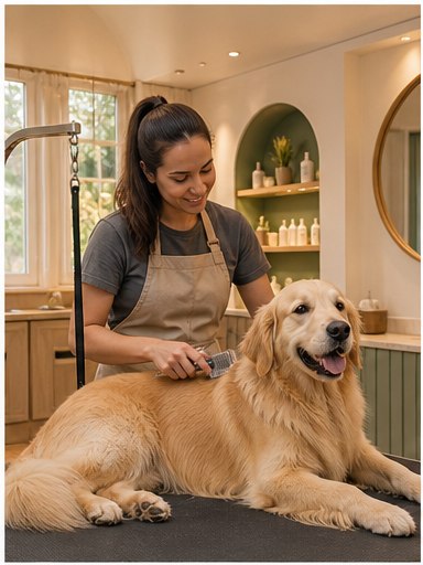 Golden retriever being gently groomed by a PawSpa stylist in a warm salon