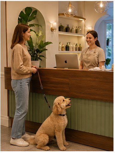 Welcoming PawSpa salon reception with pet owner and dog